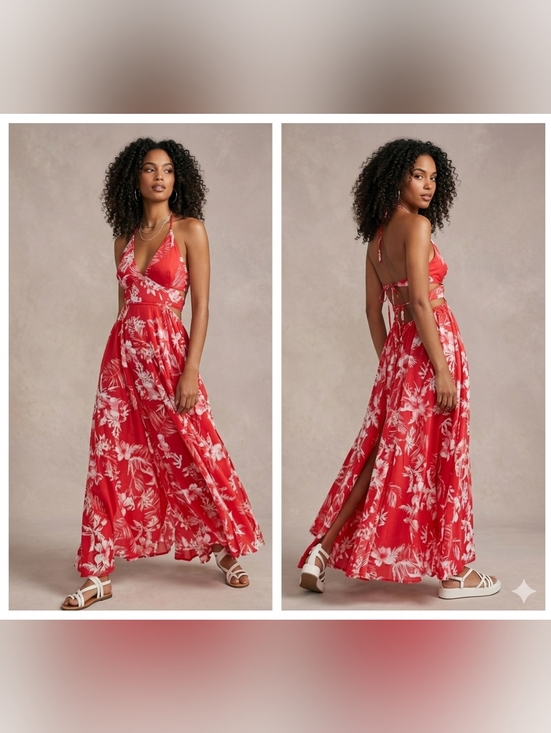 Free People Dresses & Skirts - Red Floral Halter Maxi Dress - Women